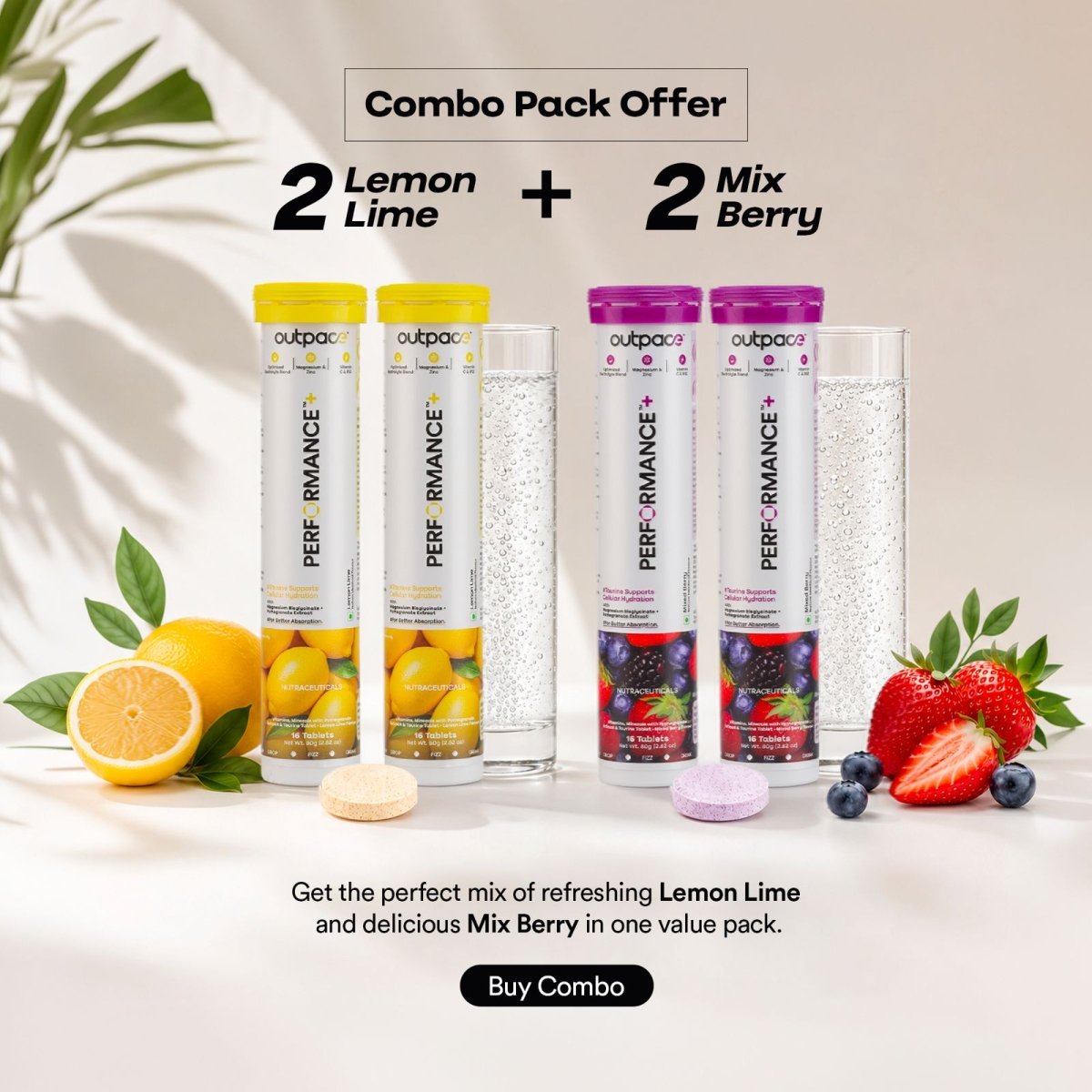 Performance+ Combo Pack — 2x Lemon Lime + 2x Mixed Berry (4 Tubes) - Outpace