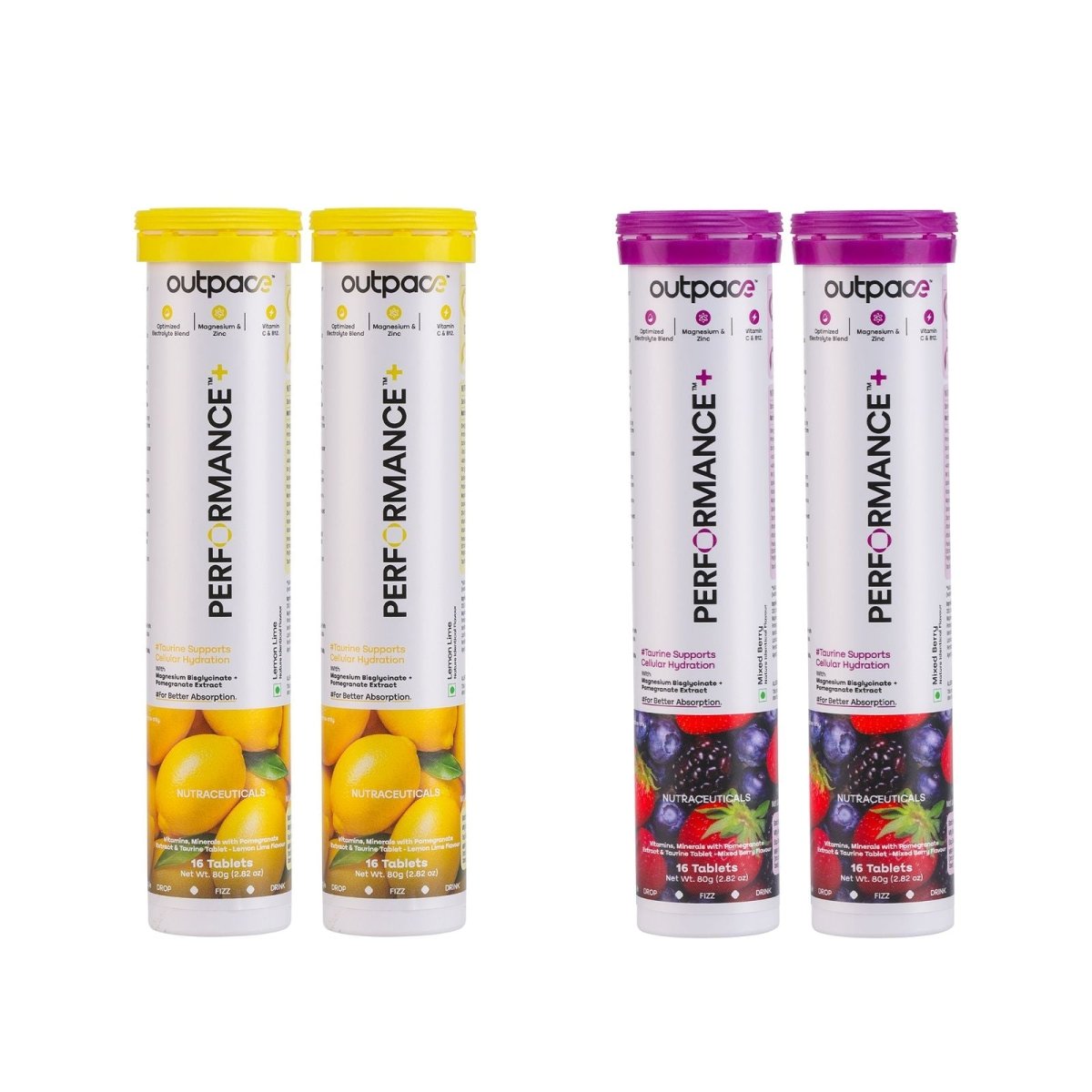 Performance+ Combo Pack — 2x Lemon Lime + 2x Mixed Berry (4 Tubes) - Outpace